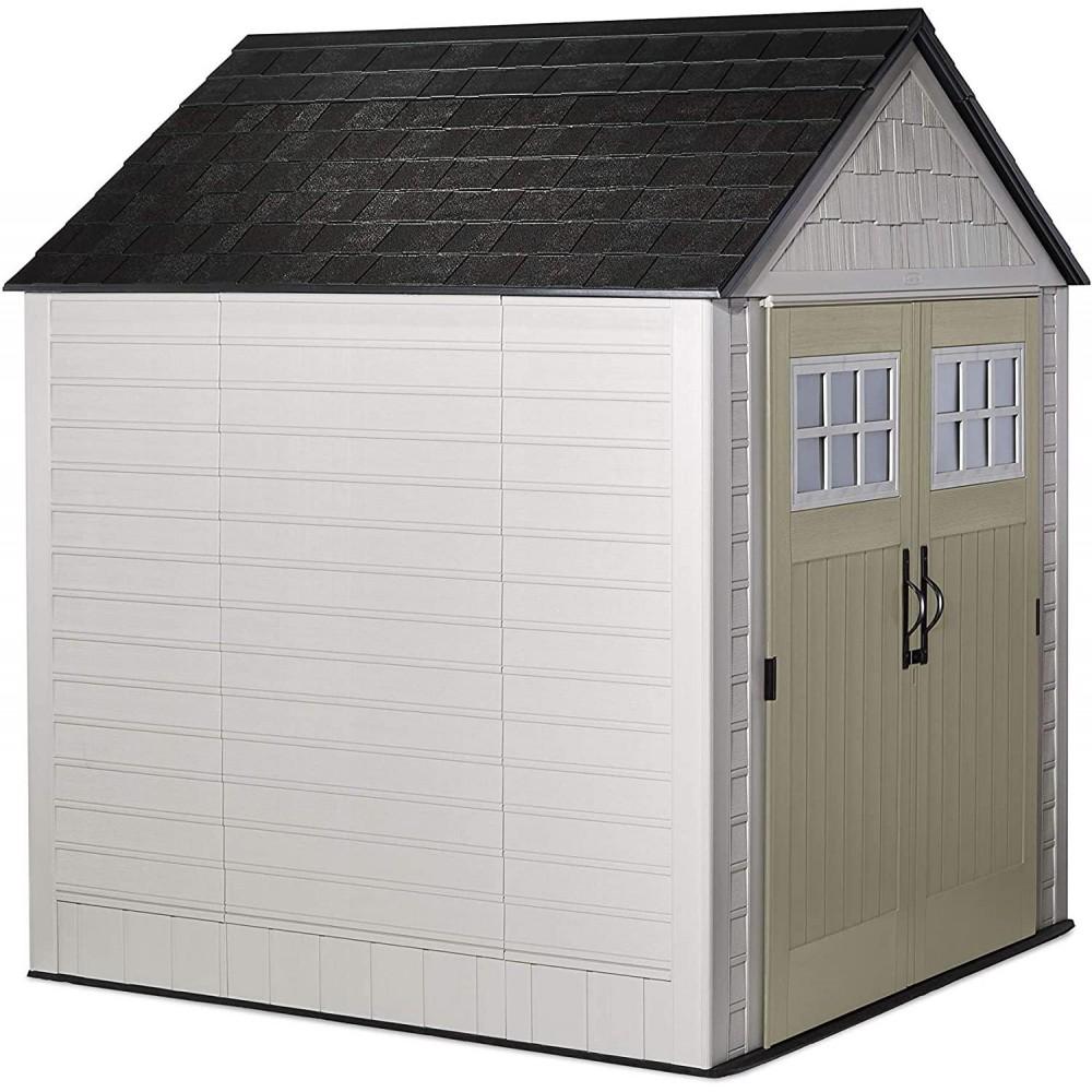 Rubbermaid 7??7 Ft Durable Weather Resistant Resin Outdoor Garden Storage Shed with Windows and Utility Hooks, Sand