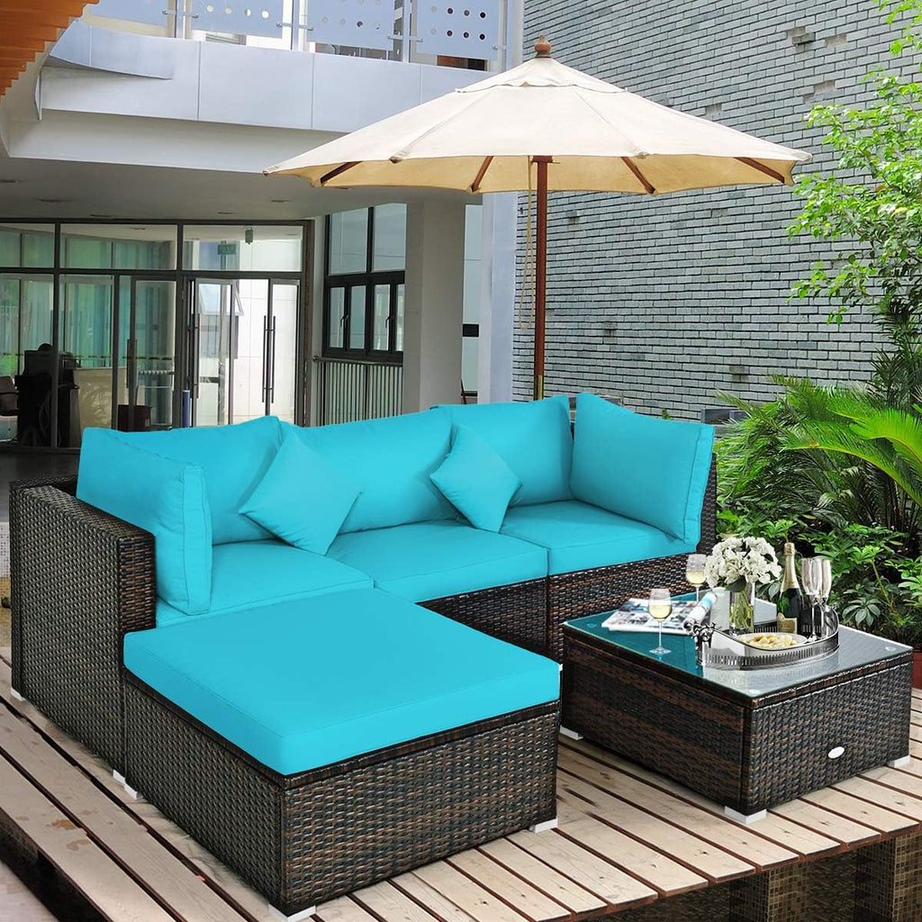 5 pieces of outdoor patio furniture, L-shaped rattan three-seater sofa with tempered glass coffee table, footstool, 3 single chairs, rattan outdoor party set, suitable for backyard, porch, balcony, black version1 pcs