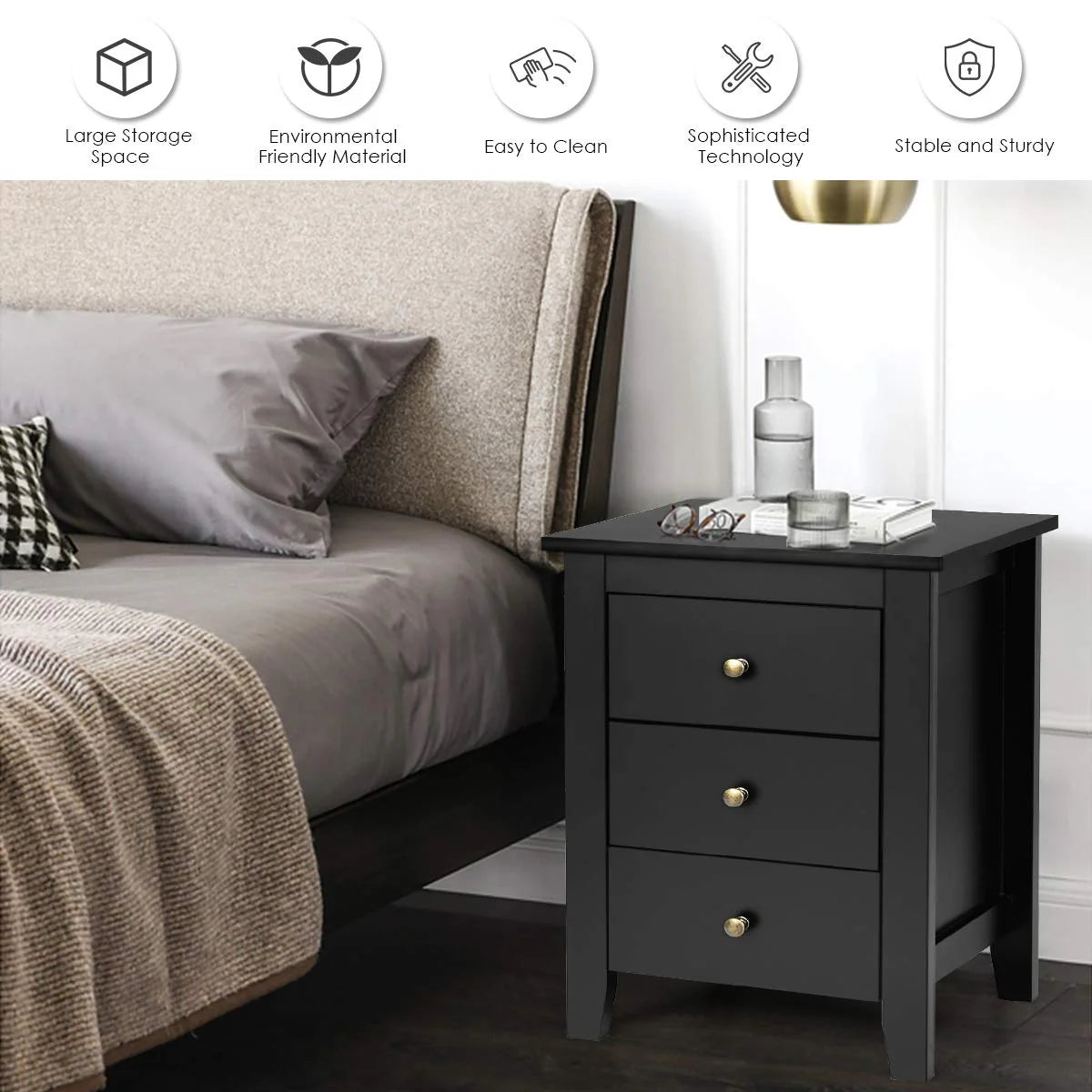 Giantex 2Pcs Bedside Table, Nightstand w/ 3 Drawers & Solid Wood Legs