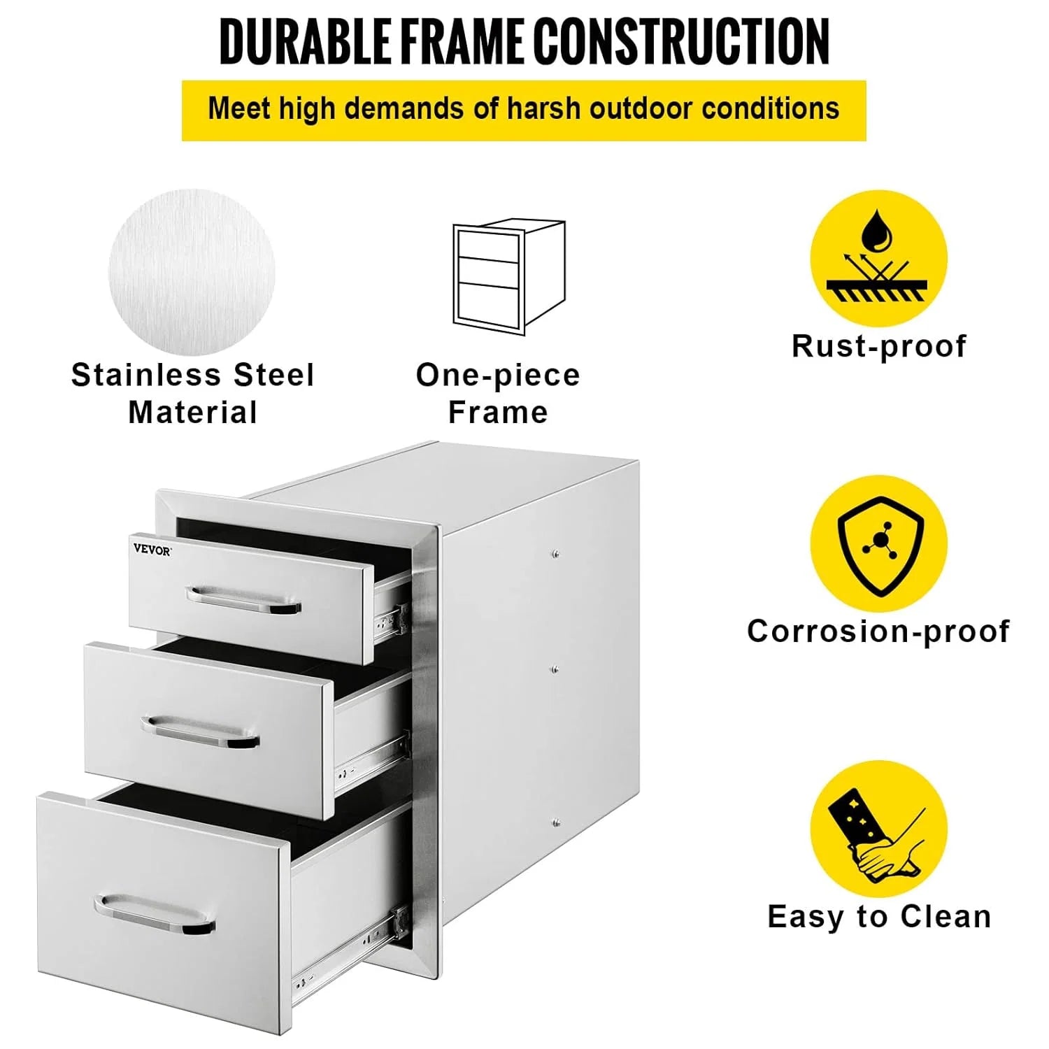 14x20.3 Inch Outdoor Kitchen Drawers Stainless Steel, Flush Mount Triple Drawers, 14W x 20.3H x 23D Inch, with Stainless Steel Handle, BBQ Drawers for Outdoor Kitchens or BBQ Island1 pcs
