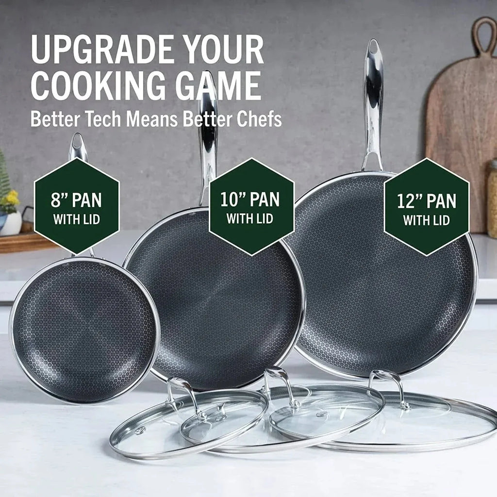 HexClad 6-piece hybrid stainless steel cookware set (8 inch, 10 inch, 12 inch) with glass lids, one size, black