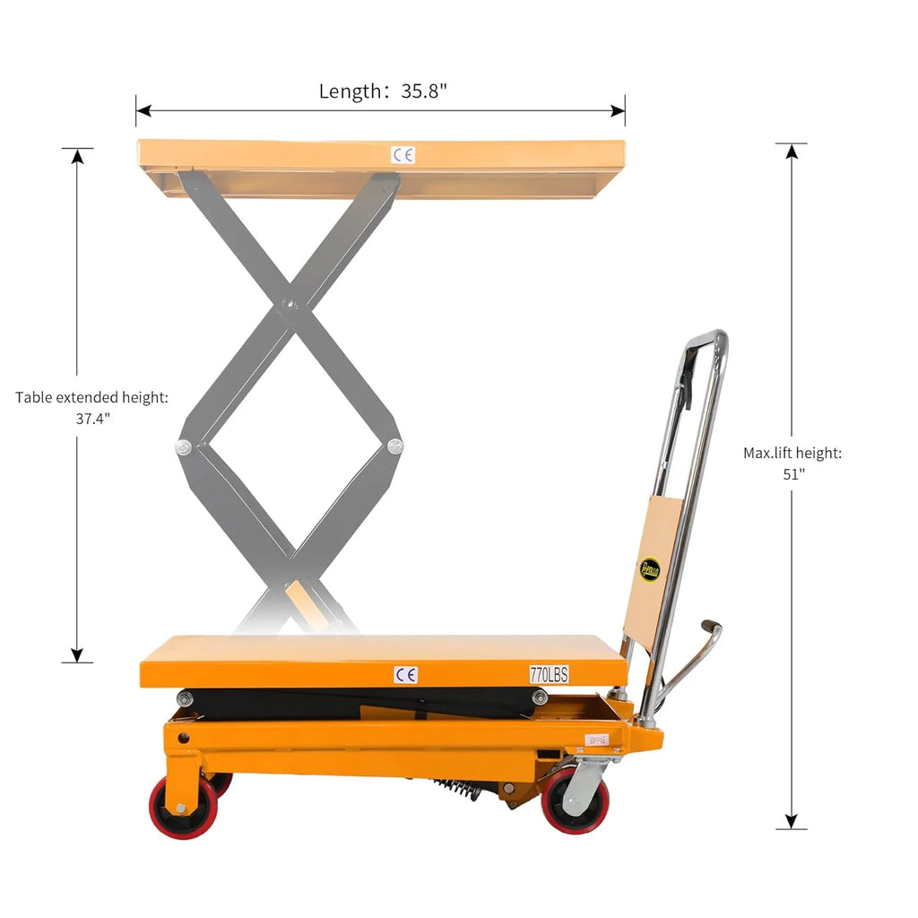 Hydraulic Lift Table Cart �C 770 lbs Capacity, 51" Max Height, Double Scissor Lift with Safety Guard & 4 Wheels