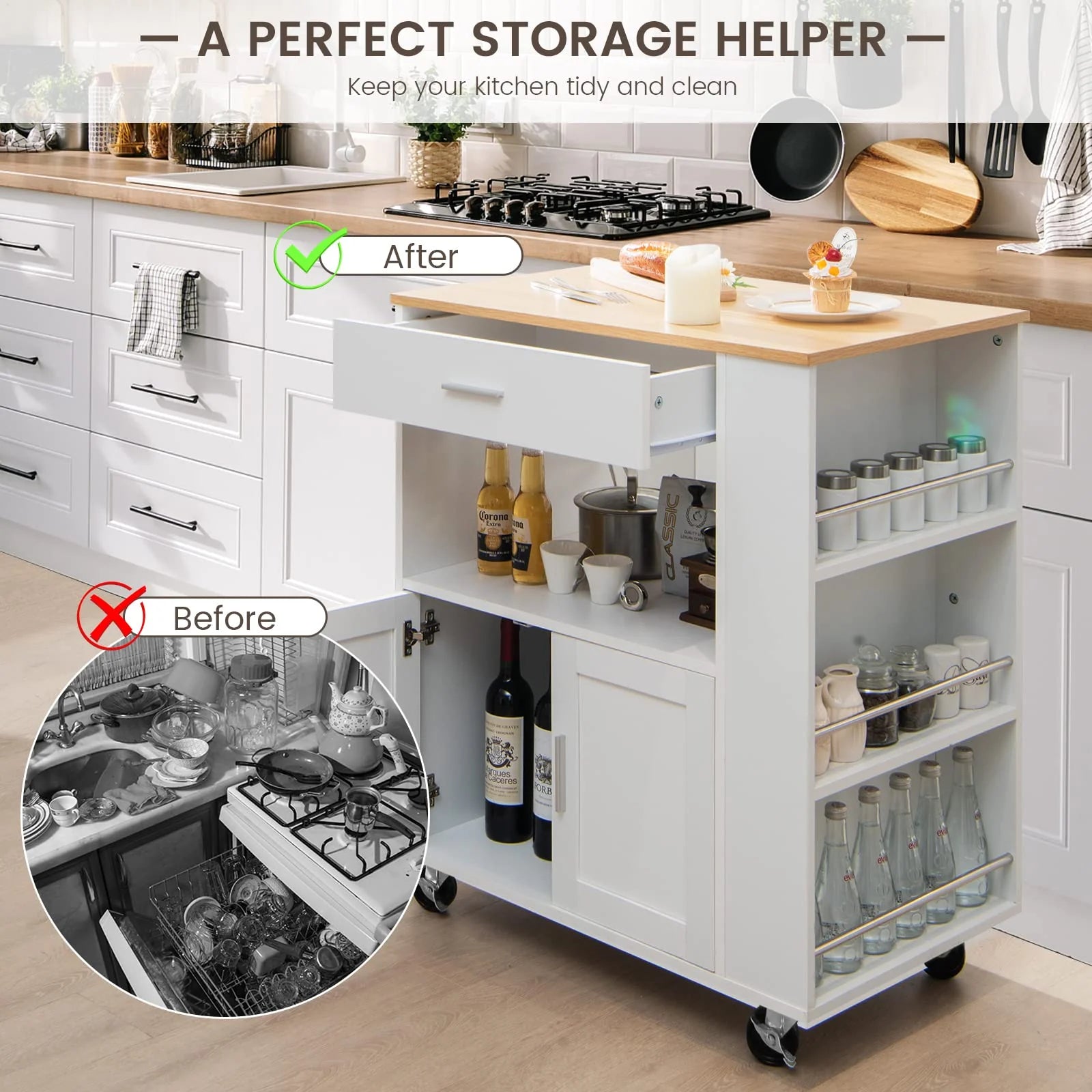 Giantex Kitchen Island Trolley, Rolling Kitchen Serving Trolley w/ 3 Spice Racks, Drawer, Open Shelf & Large Cabinet