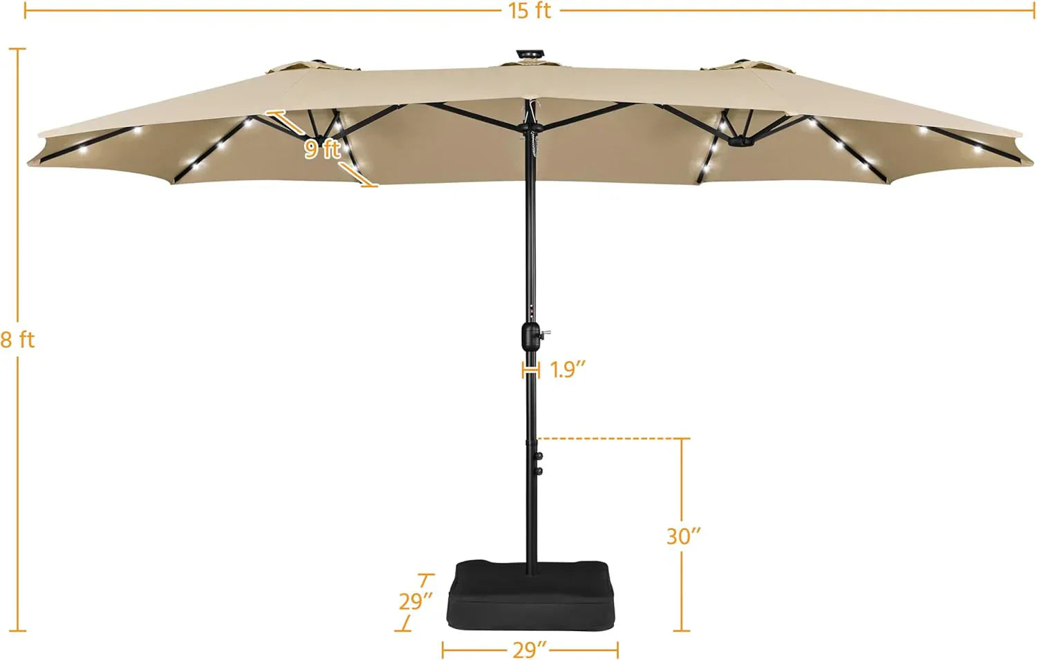 15 ft Large Patio Umbrella with Solar Lights Double-Sided Outdoor Rectangle Market Umbrellas with 36 LED Lights/Base Included/Easy Crank for Patio Garden Yard Pool Lawn, Brown
