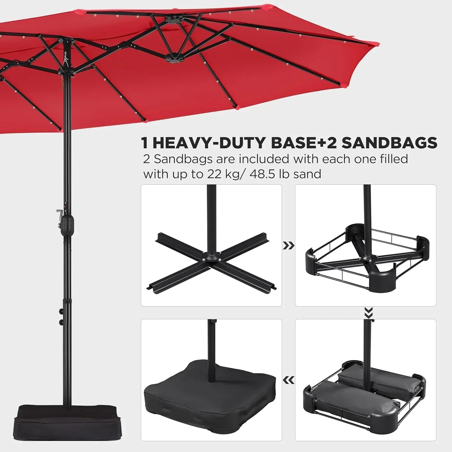 15 ft Large Patio Umbrella with Solar Lights Double-Sided Outdoor Rectangle Market Umbrellas with 36 LED Lights/Base Included/Easy Crank for Patio Garden Yard Pool Lawn, Brown