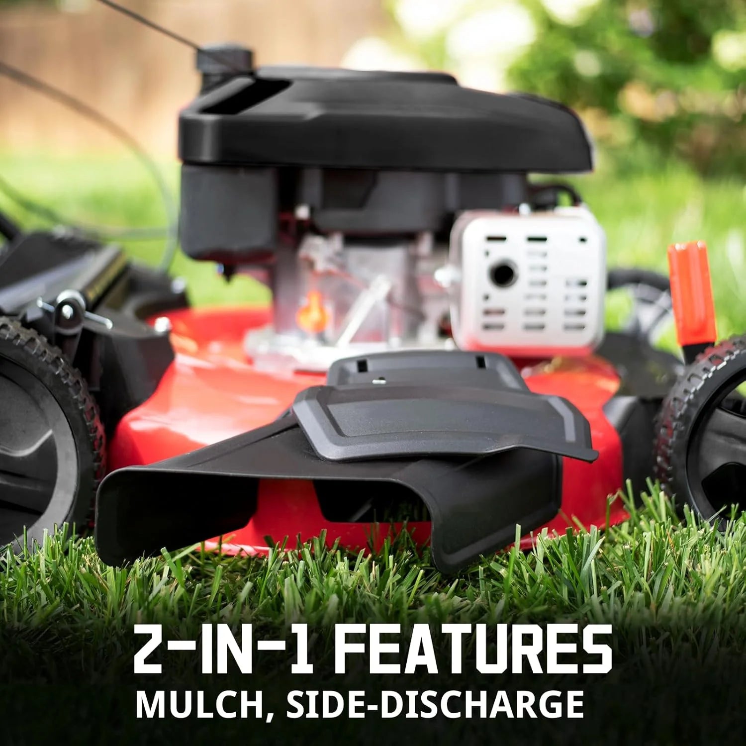 21-inch gas-powered lawn mower, equipped with a 144cc four-stroke all-terrain engine, featuring both crushing and side-discharge functions, with adjustable cutting height ranging from 6 positions.1 pcs