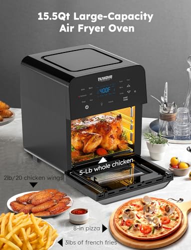 Nuwave Brio Air Fryer Oven, 15.5Qt X Large Family Size, SS Rotisserie Basket &amp;Skewer Kit, Reversible Ultra Non Stick Grill/Griddle Plate, Powerful 1800W, Integrated Smart Thermometer,Black : Home &amp; Kitchen