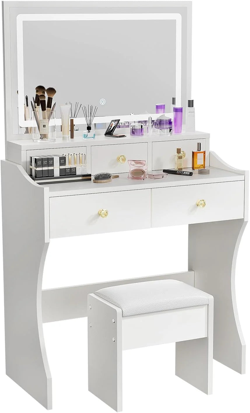 Makeup Table with Extra Large Mirror and Lights, 80cm Dressing Table with Stool1 pcs