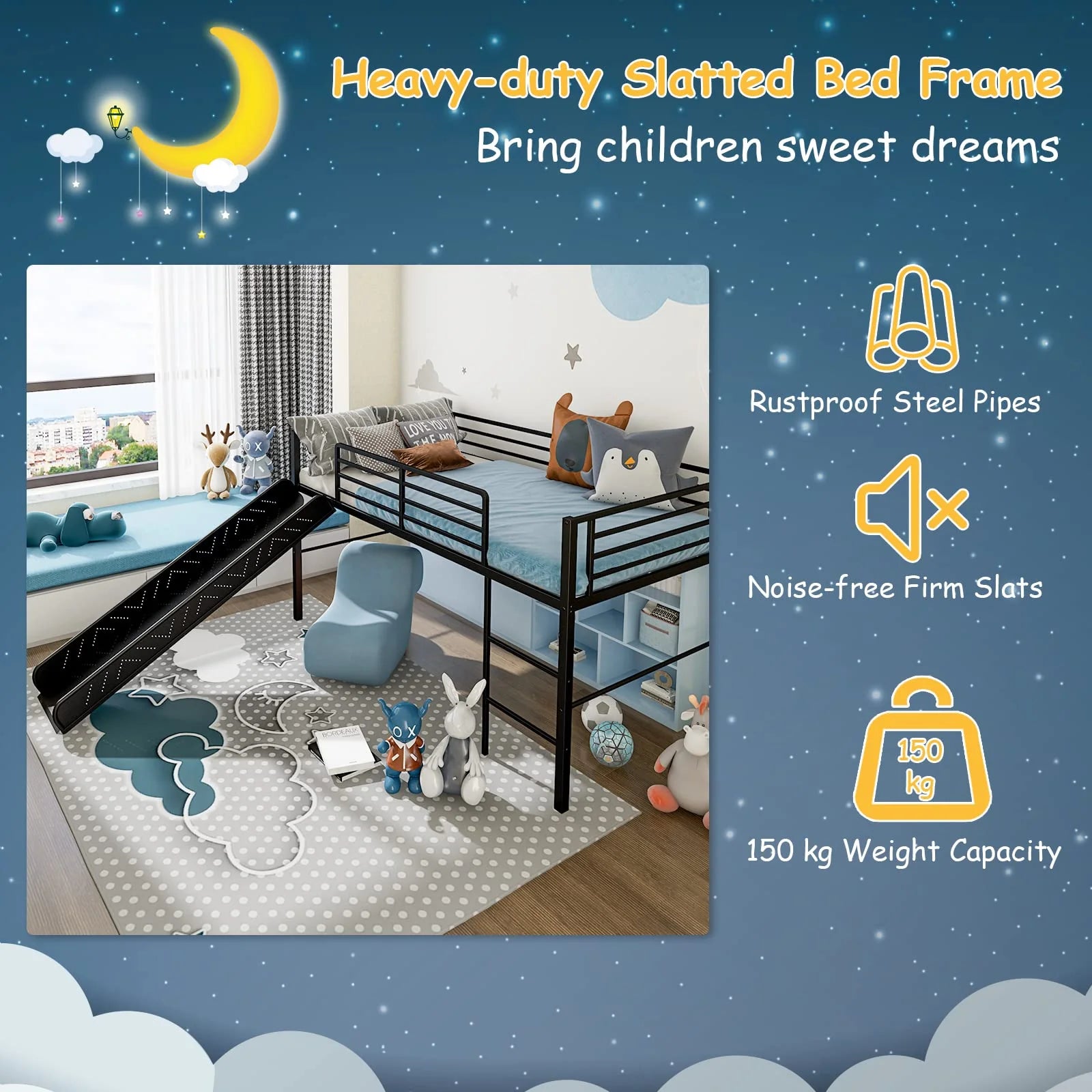 Giantex Metal Loft Bed with Slide, Heavy-Duty Steel Slats Support Loft Bed with Integrated Ladder & Full-Length Guardrails