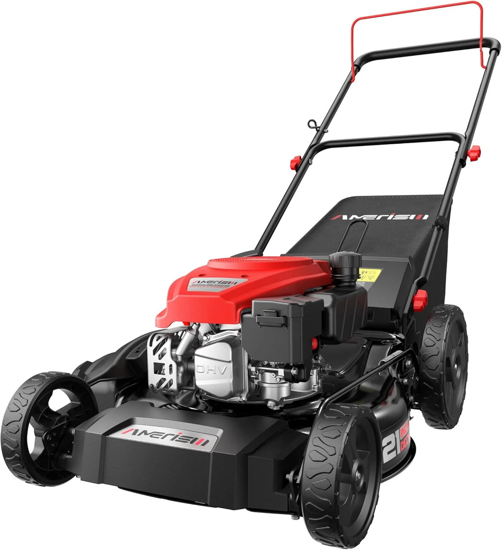 21" Steel Deck Gas Lawn Mower, 3-in-1 Push Mower, 144cc 4-Stroke OHV Engine, 6 Height Adjustment, 1.4 Bushel Grass Catcher with Bagging, Mulching & Side Discharge Efficient for Yard Garden1 pcs