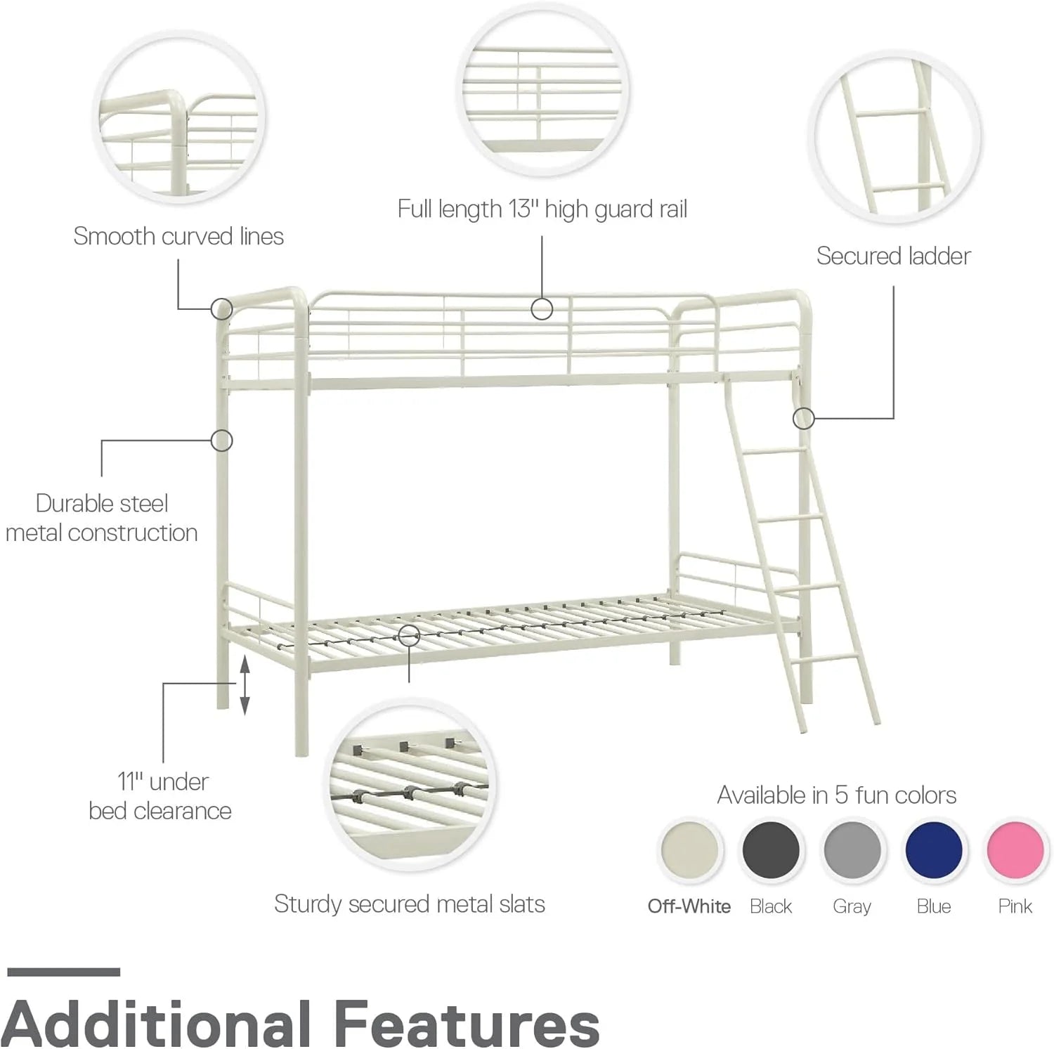 DHP Dusty Twin Over Full Metal Bunk Bed, Off White1 pcs