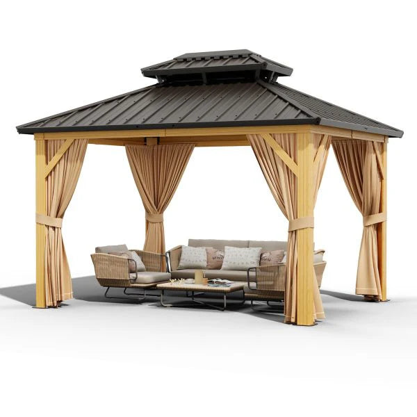 10X13 FT Outdoor Galvanised Steel Hardtop Gazebo, Heavy Duty Double Roof Outdoor Gazebo with Netting and Sunshade Curtains, Aluminium Framed Gazebo for Patio, Terrace, Lawn and Deck, Khaki