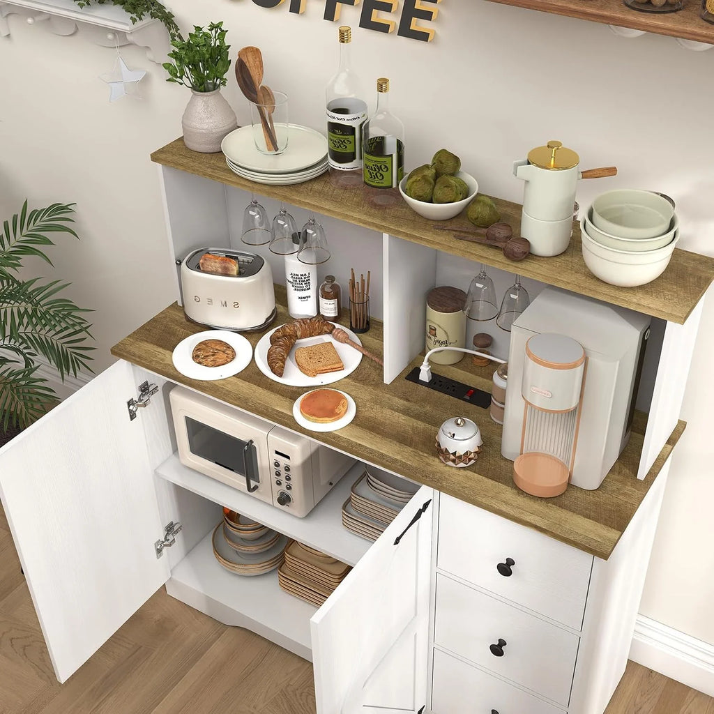 Farmhouse Buffet Cabinet, Coffee Bar with 2 Doors & 3 Drawers, Coffee Bar Cabinet with Power Outlets and Glass Holder, for Dinning Room, Bar, White1 pcs