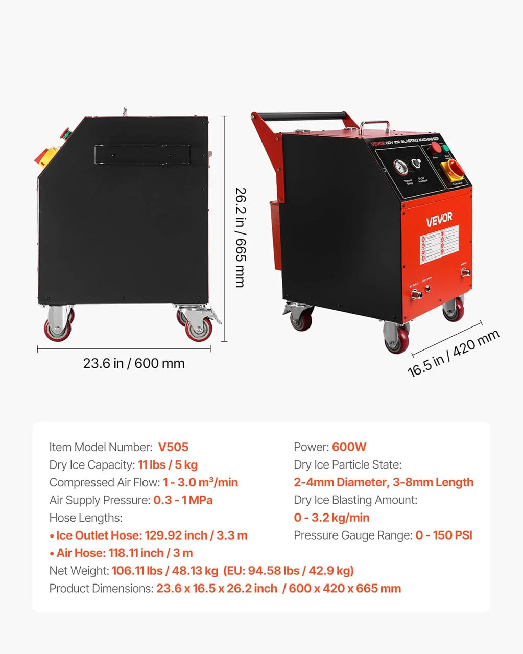Dry Ice Blasting Machine, 11LBS (5KG) Capacity Dry Ice Cleaning Machine with 4 Nozzles, Adjustable Pressure, Movable Blaster Cleaner for Automotive Ship Aviation Chemical, 120V1 pcs