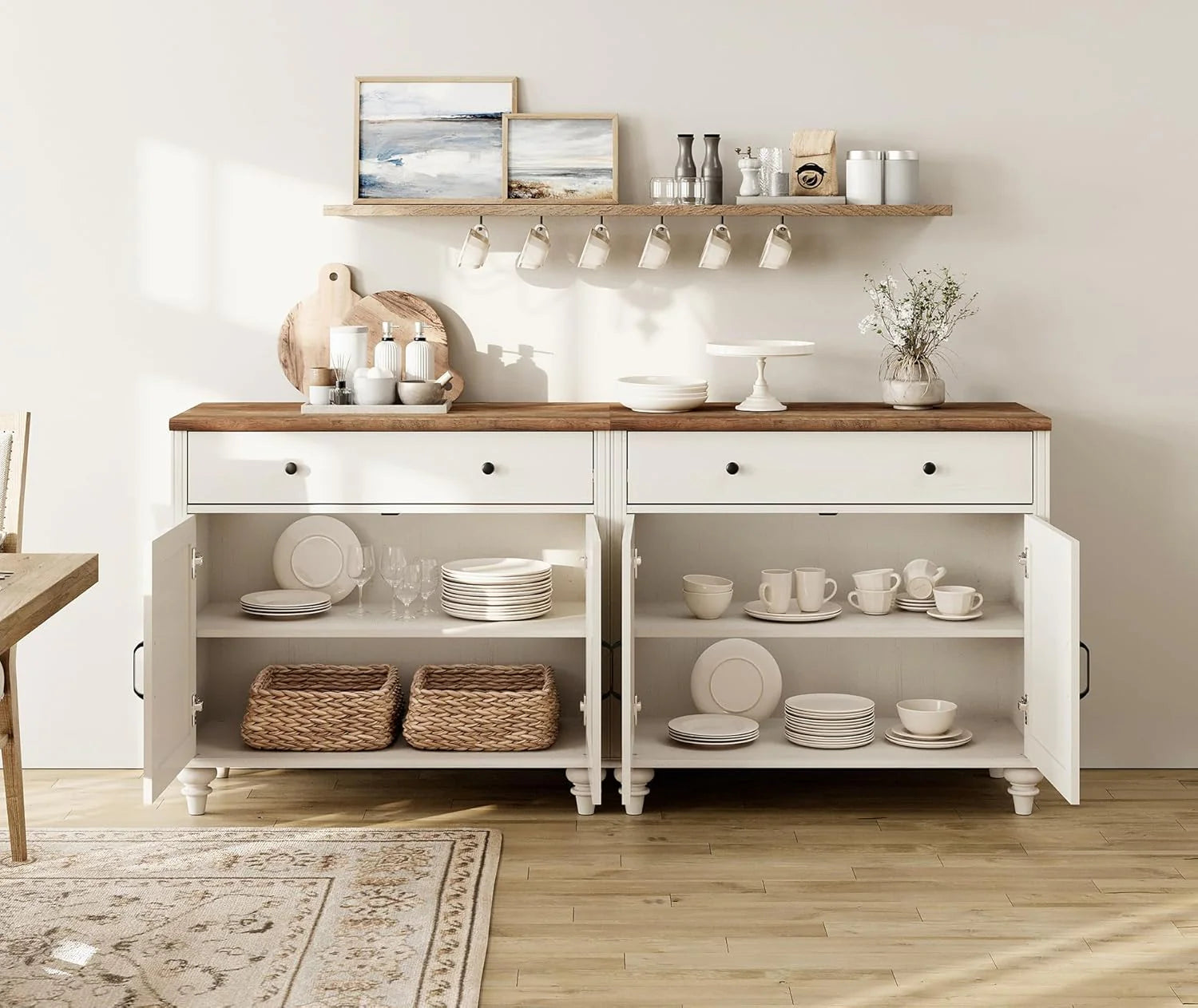 Buffet Cabinet with 4 Doors and 2 Drawers, Large Coffee Bar Table Wood Kitchen Storage Cabinets with Storage Cabinets, Modern Farmhouse Sideboard Credenza for Dining Room, Off White, 68 inch1 pcs