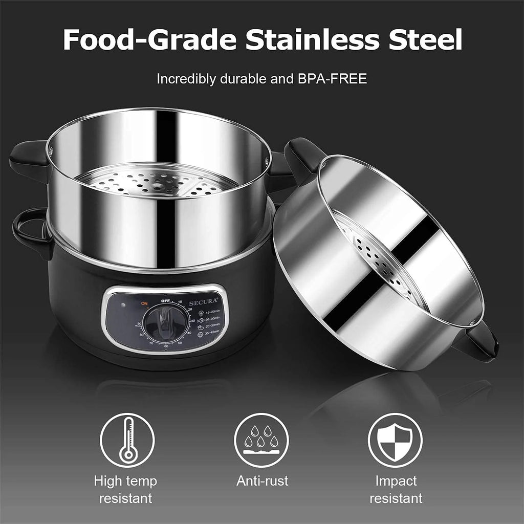 2 stainless steel food steamers, 8.5 liters capacity, electric glass-covered vegetable steamer, double-layer stackable steaming basket, with timer included1 pcs