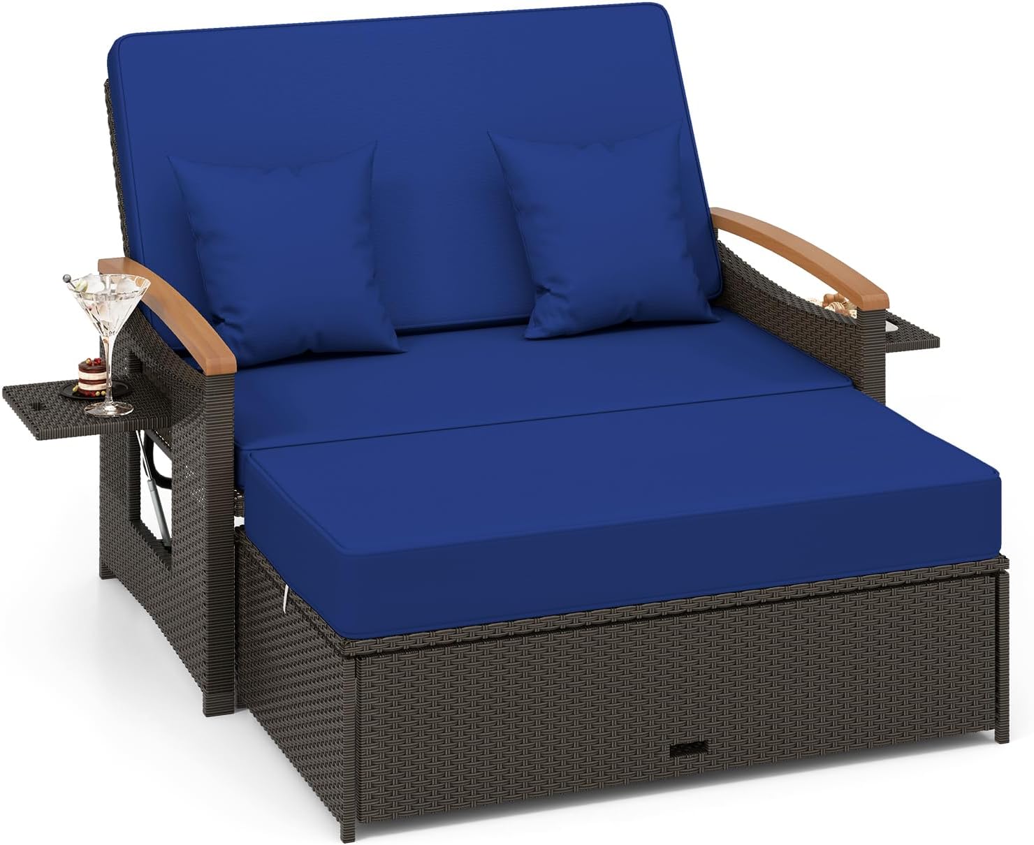 Outdoor Wicker Sofa Daybed, Rattan Loveseat with Folding Panels & Storage Ottoman, 4-Level Adjustable Backrest, Cozy Cushions Included, Sun Lounger Daybed for Backyard Porch,1 pcs