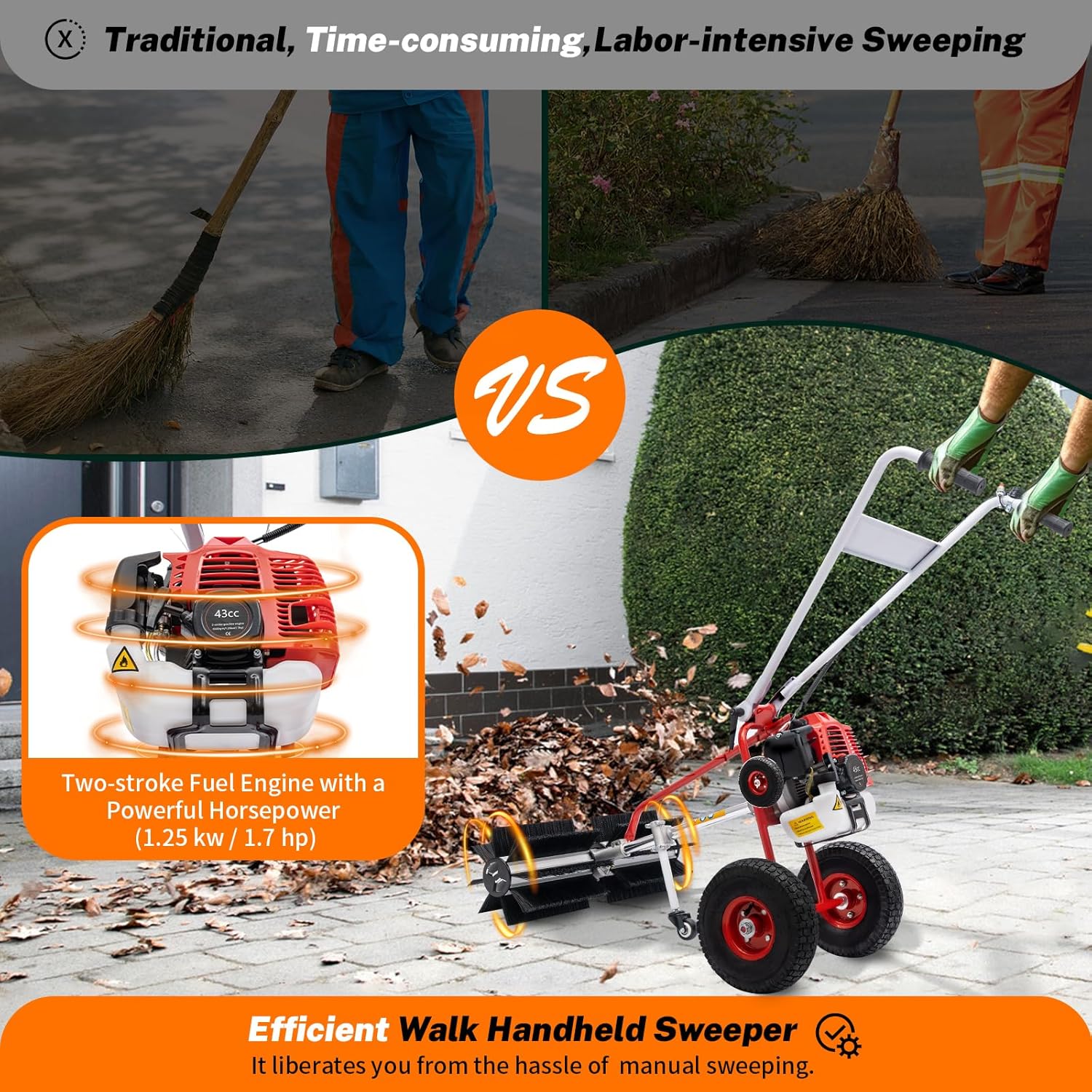 Handheld sweeping broom, 43CC 1.7 horsepower 2-cylinder gasoline engine, rear-mounted sweeping machine, suitable for cleaning parks, gardens, grasslands, lawns and gravel (Model 1)1 pcs