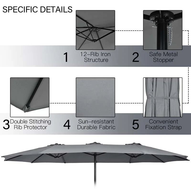 10Pcs Patio Rattan Dining Set with 15FT Double-Sided Umbrella, Heavy Duty Acacia Wood Table & Stackable Wicker Chairs