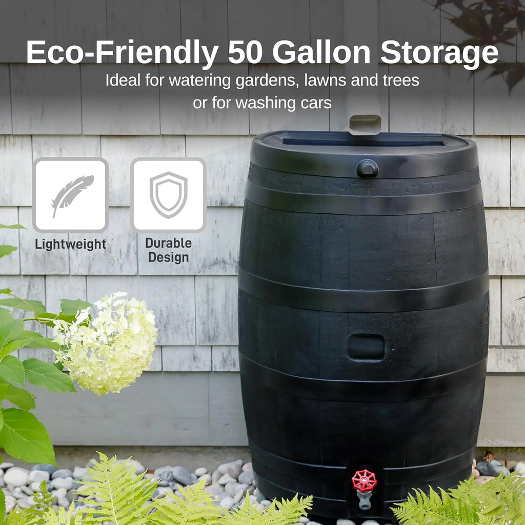 RTS Home Accents 50-Gallon ECO Rain Barrel Made with 100% Recycled Plastic, Flat Back Rain Water Collection Barrel, Black1 pcs