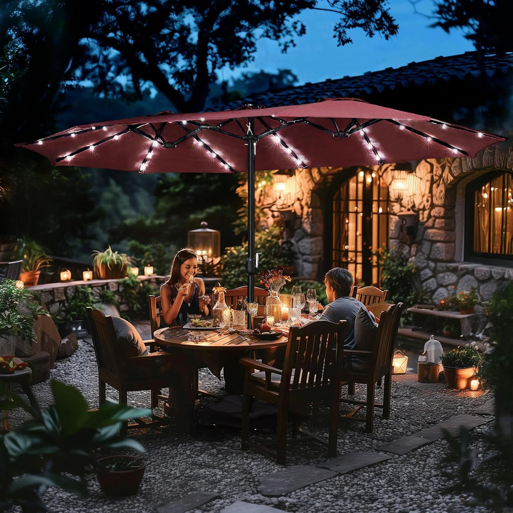 15 ft Large Patio Umbrella with Solar Lights Double-Sided Outdoor Rectangle Market Umbrellas with 36 LED Lights/Base Included/Easy Crank for Patio Garden Yard Pool Lawn, Brown