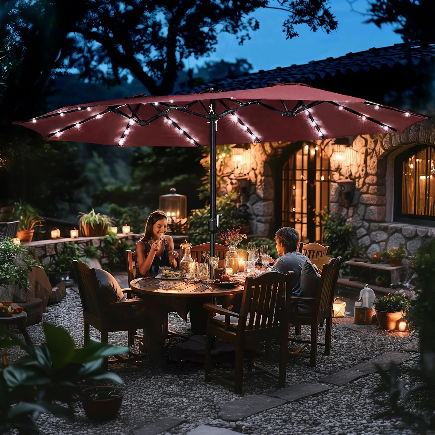 15 ft Large Patio Umbrella with Solar Lights Double-Sided Outdoor Rectangle Market Umbrellas with 36 LED Lights/Base Included/Easy Crank for Patio Garden Yard Pool Lawn, Brown
