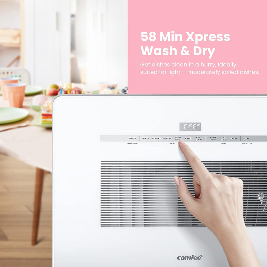 COMFEE' Portable Dishwasher Countertop with 5L Built-in Water Tank, No Hookup Needed, 6 Programs, 360?? Dual Spray, 192?H High-Temp& Air-Dry Function, Mini Dishwasher for RVs, White