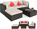 5 pieces of outdoor patio furniture, L-shaped rattan three-seater sofa with tempered glass coffee table, footstool, 3 single chairs, rattan outdoor party set, suitable for backyard, porch, balcony, black version1 pcs
