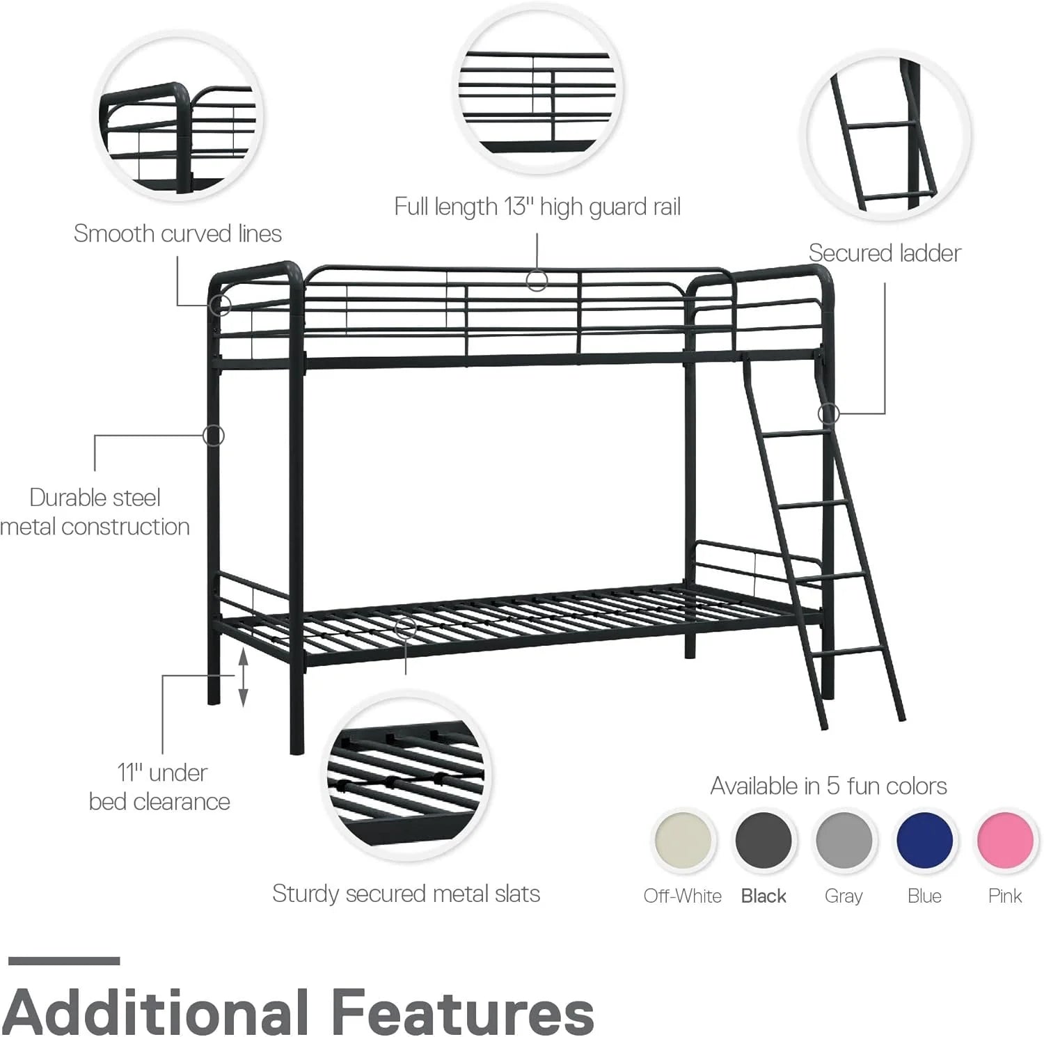 DHP Dusty Twin Over Full Metal Bunk Bed, Off White1 pcs