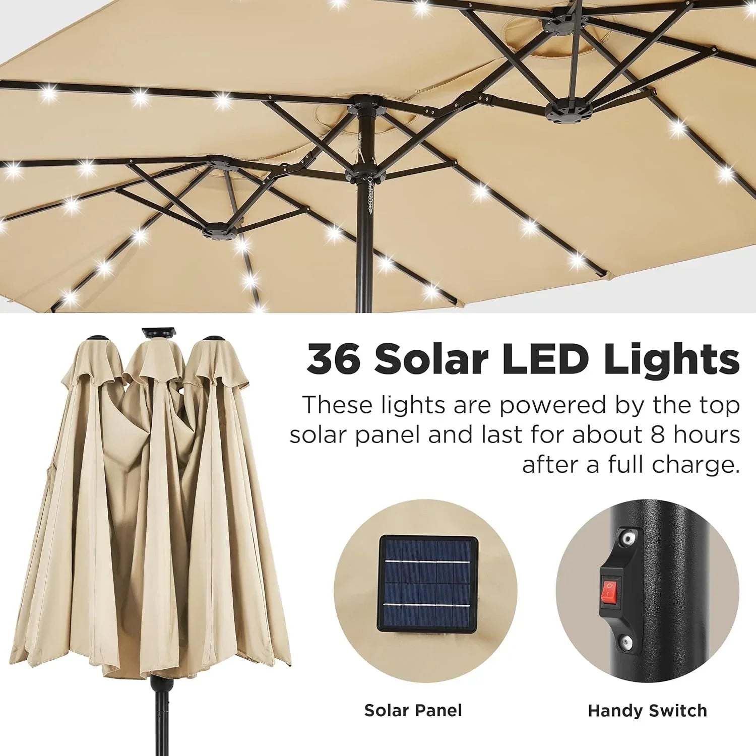 15 ft Large Patio Umbrella with Solar Lights Double-Sided Outdoor Rectangle Market Umbrellas with 36 LED Lights/Base Included/Easy Crank for Patio Garden Yard Pool Lawn, Brown