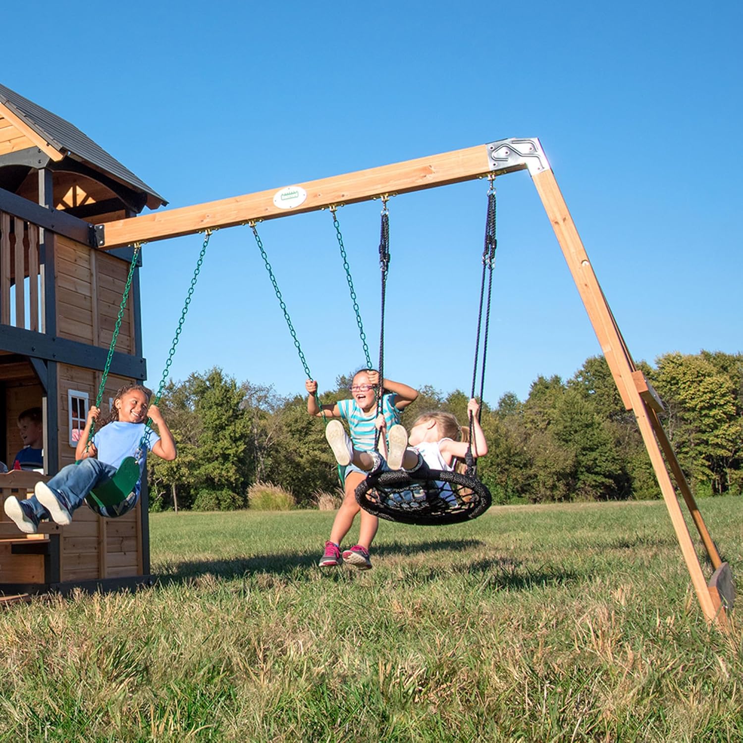 Gorge Creek Pure Pine Swing Set, Playhouse with Barbecue Grill, Plastic Utensils, Picnic Area, Steering Wheel, Double-Padded Swing, Rock Climbing Wall, Balcony, Terrace, Mesh Swing (Green Slide)1 pcs