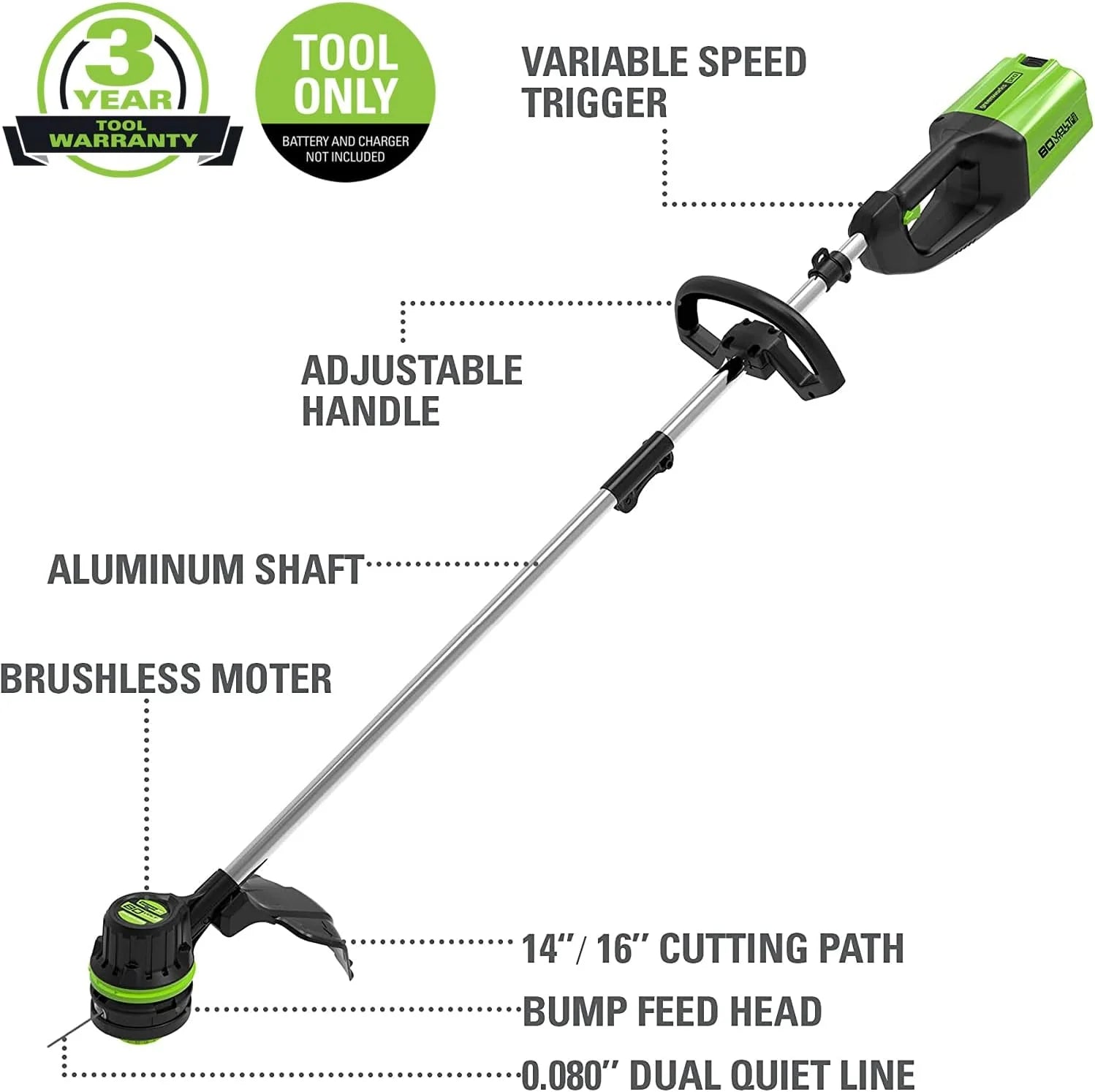 16" 80V Cordless String Trimmer (Attachment Capable), Battery Not Included1 pcs