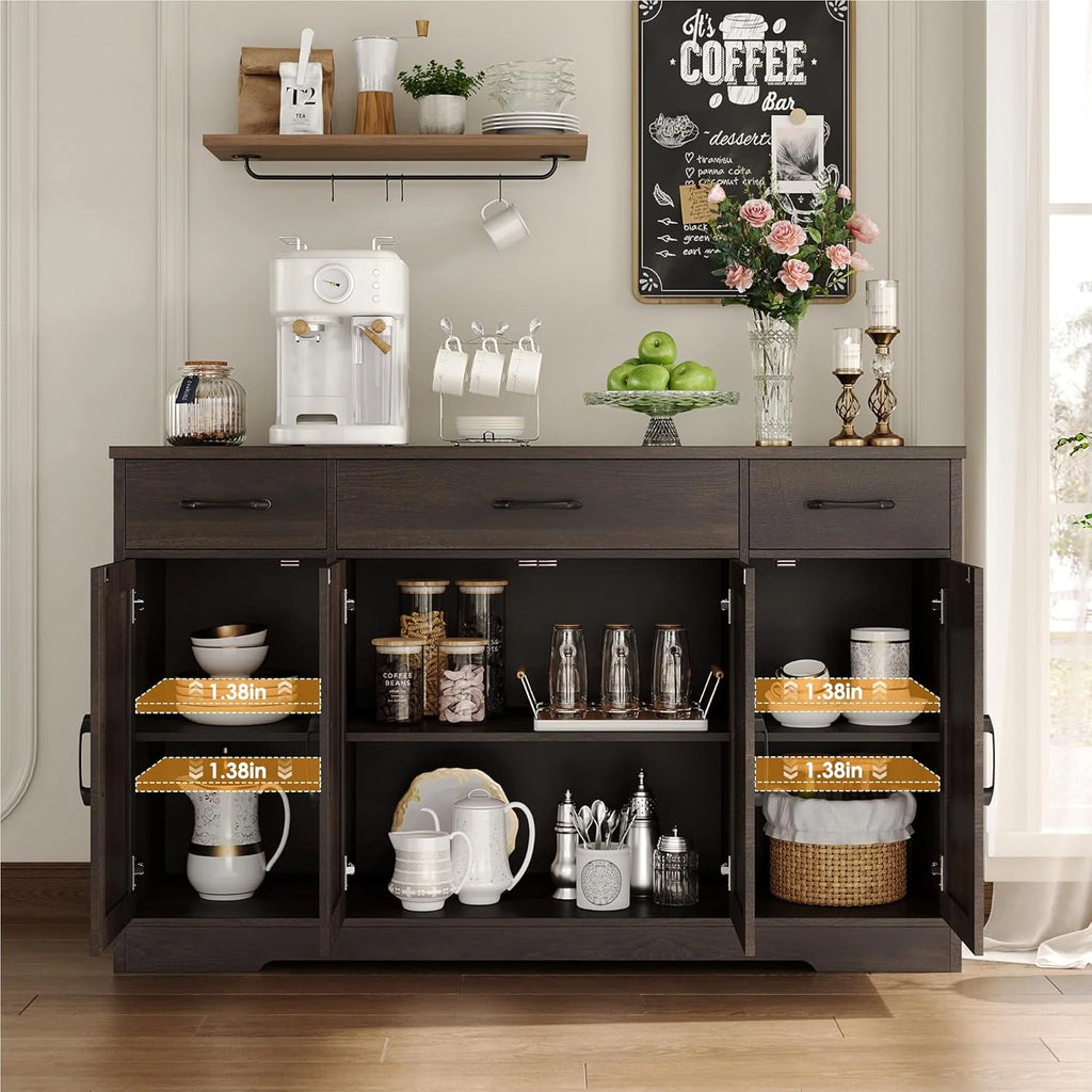 Drawer-equipped buffet-style cabinet, 55-inch large side cabinet-style storage unit with shelves and 4 doors, modern country-style coffee bar-style cabinet, wooden kitchen and dining room storage unit, white/rustic style1 pcs