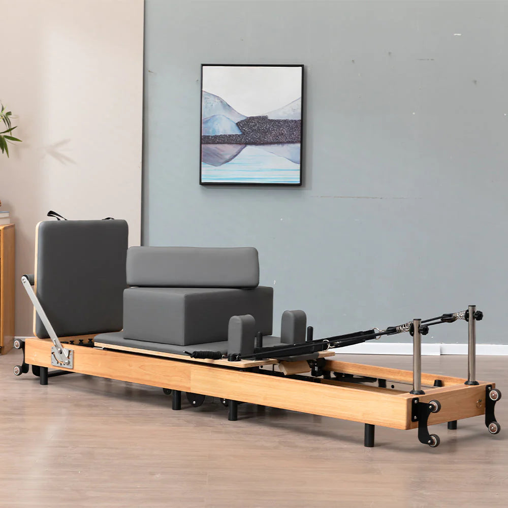 Foldable Pilates Reformer for Home Workouts, Oak Wood Frame, 6 Springs