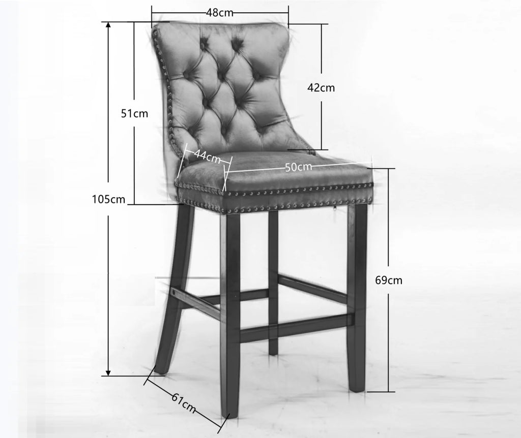 6X Velvet Bar Stools with Studs Trim Wooden Legs Tufted Dining Chairs Kitchen