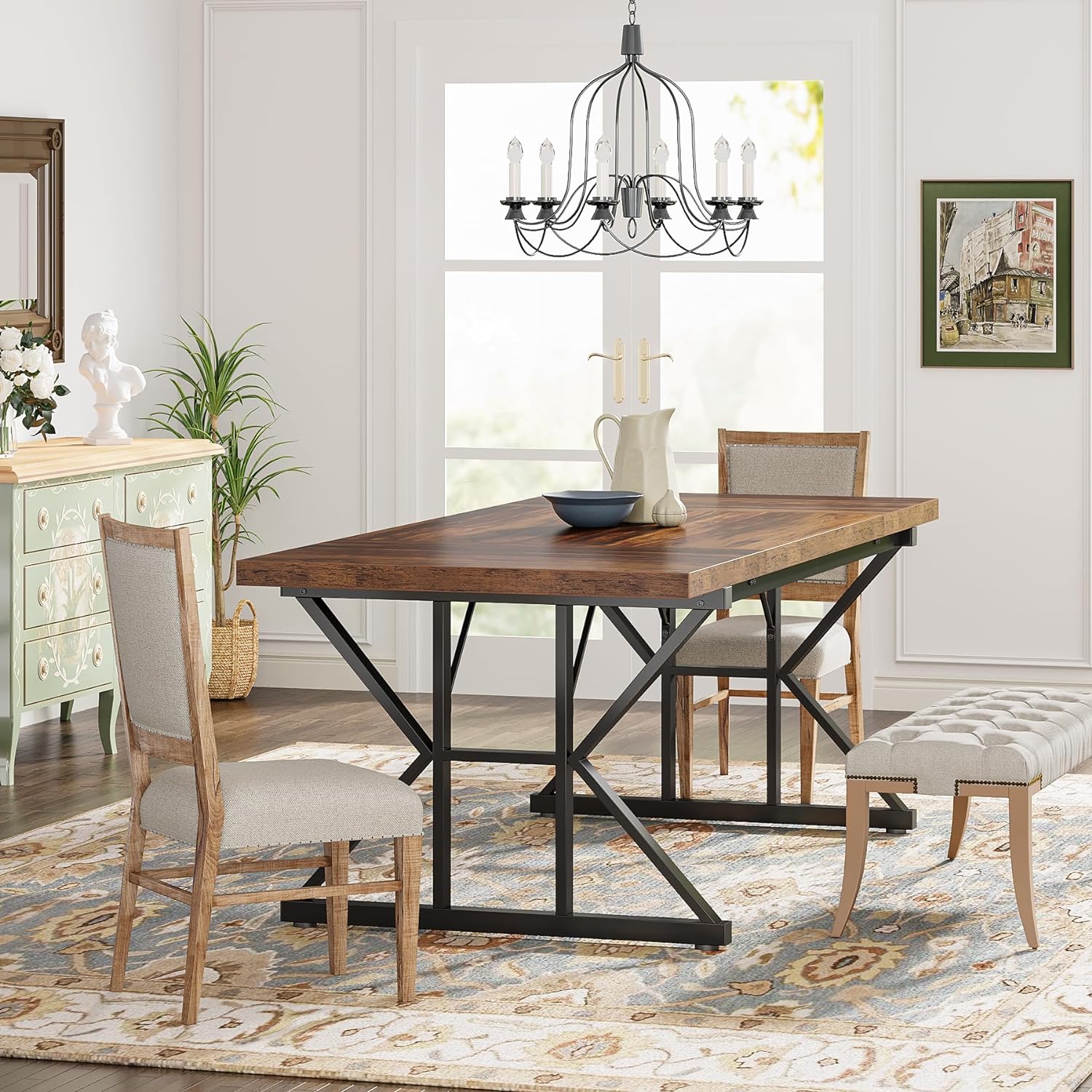 Farmhouse Dining Table for 6 People, 70.8-Inch Rectangular Wood Dining Table, Rustic Kitchen Table with Heavy Duty Metal Legs for Dining Room1 pcs