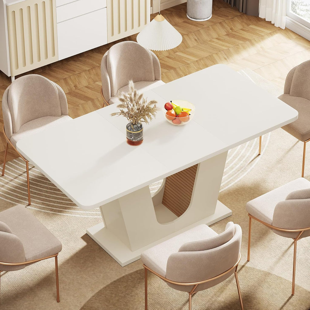 Modern Dining Table for 4-6 People, 55-Inch Rectangular Kitchen Table with U-Shaped Base, Dinner Table for Kitchen Dining Room Apartment, Cream White1 pcs
