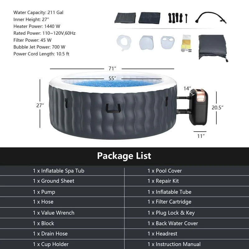 4-Person SaluSpa Inflatable Hot Tub Spa with 108 Massage Bubble Jets, Air Pump, Filter Cartridge & Cover, Portable Outdoor Blow Up Spa