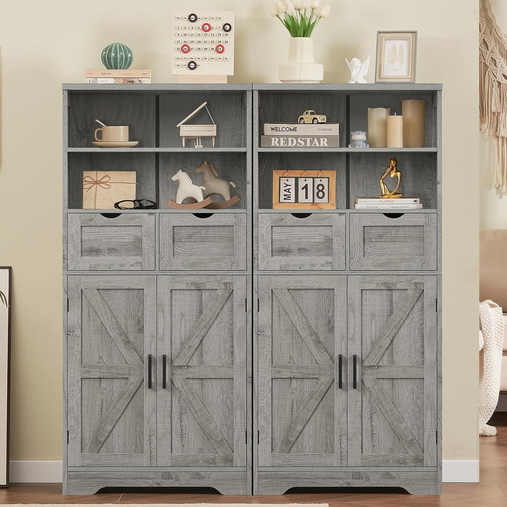Farmhouse Storage Cabinet with Doors & 2 Drawers, Kitchen Pantry Storage Cabinet with Adjustable Shelf, Bathroom Cabinet for Living Room, Entryway, Home Office, White1 pcs