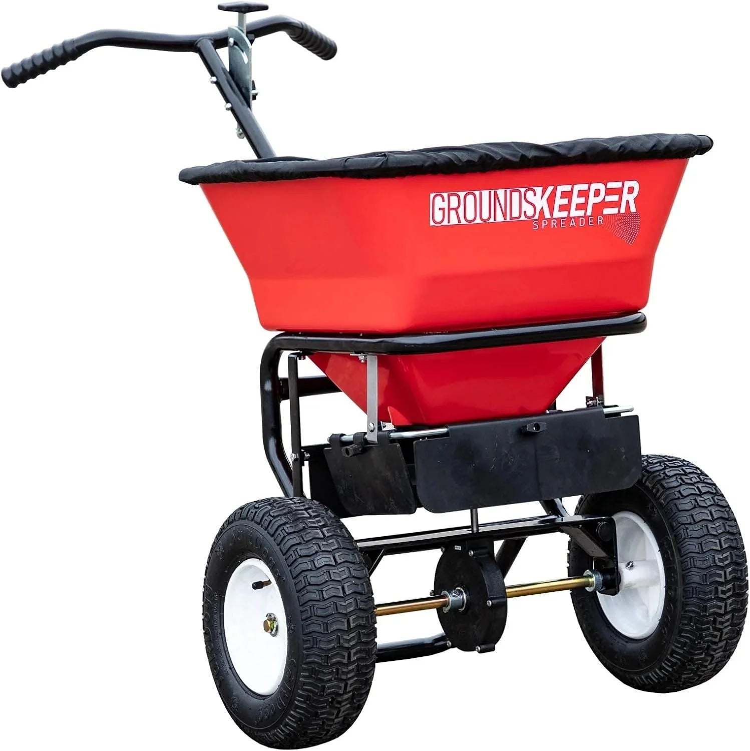 Multi-purpose push-along spreader, 100 lb capacity, versatile tool for lawn seed, salt, de-icer, fertilizer and seeds