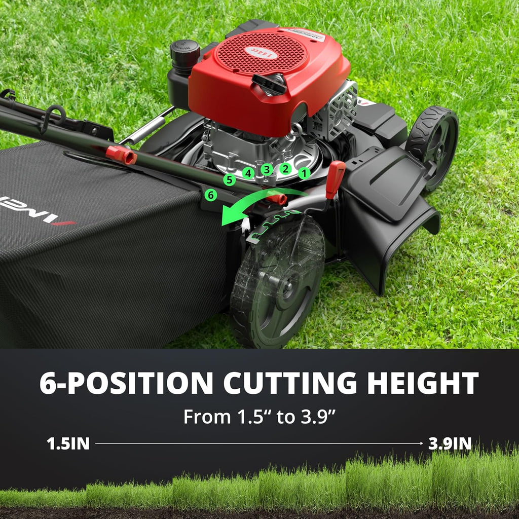 21" Steel Deck Gas Lawn Mower, 3-in-1 Push Mower, 144cc 4-Stroke OHV Engine, 6 Height Adjustment, 1.4 Bushel Grass Catcher with Bagging, Mulching & Side Discharge Efficient for Yard Garden1 pcs