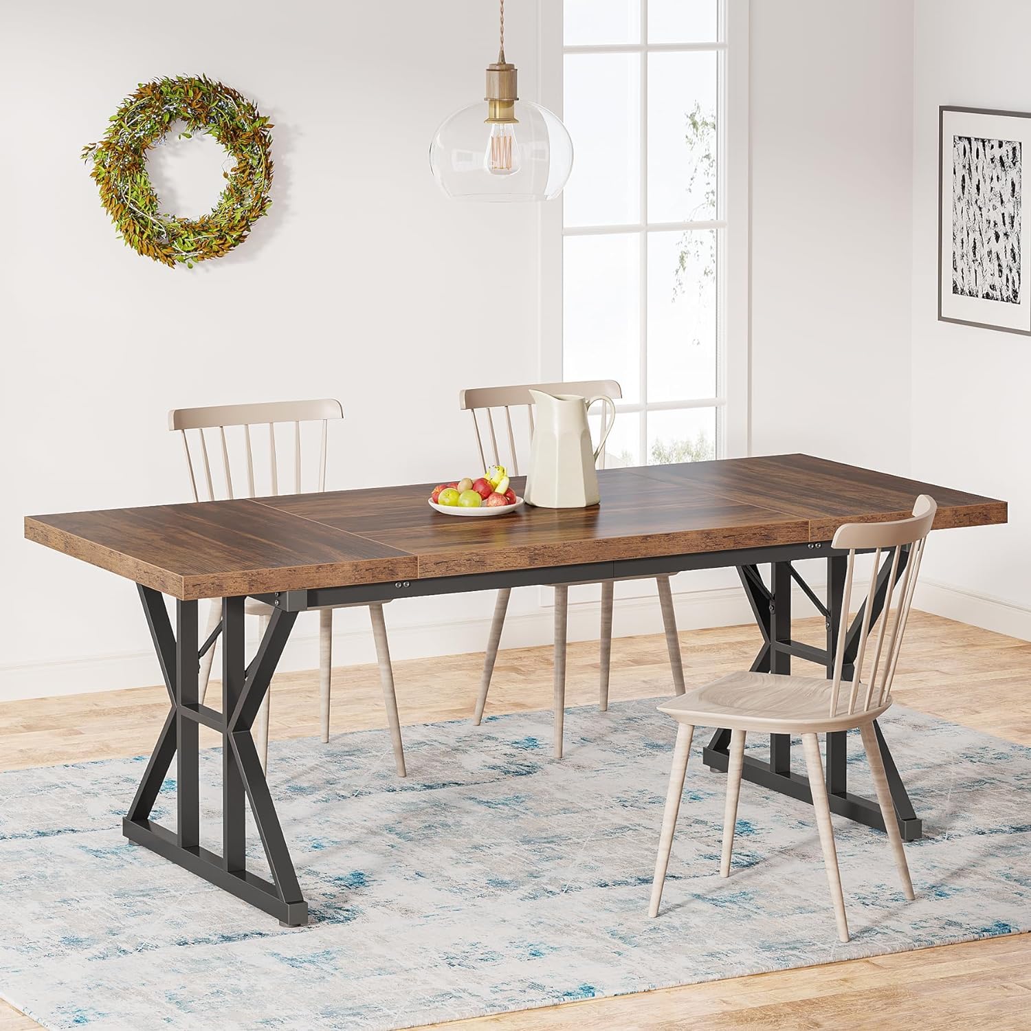 Farmhouse Dining Table for 6 People, 70.8-Inch Rectangular Wood Dining Table, Rustic Kitchen Table with Heavy Duty Metal Legs for Dining Room1 pcs