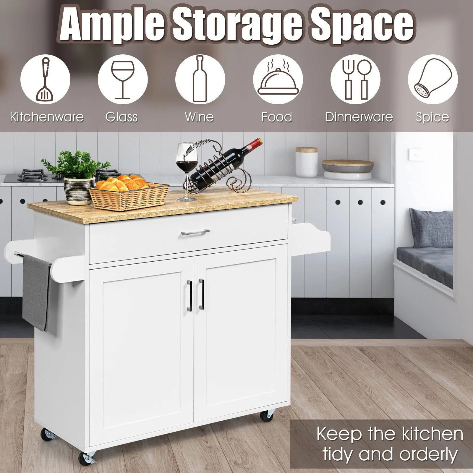 Giantex Wooden Rolling Kitchen Island, Storage Cart Trolley w/ Adjustable Shelf, Spice Storage Sgelf, Towel Rack & Drawer