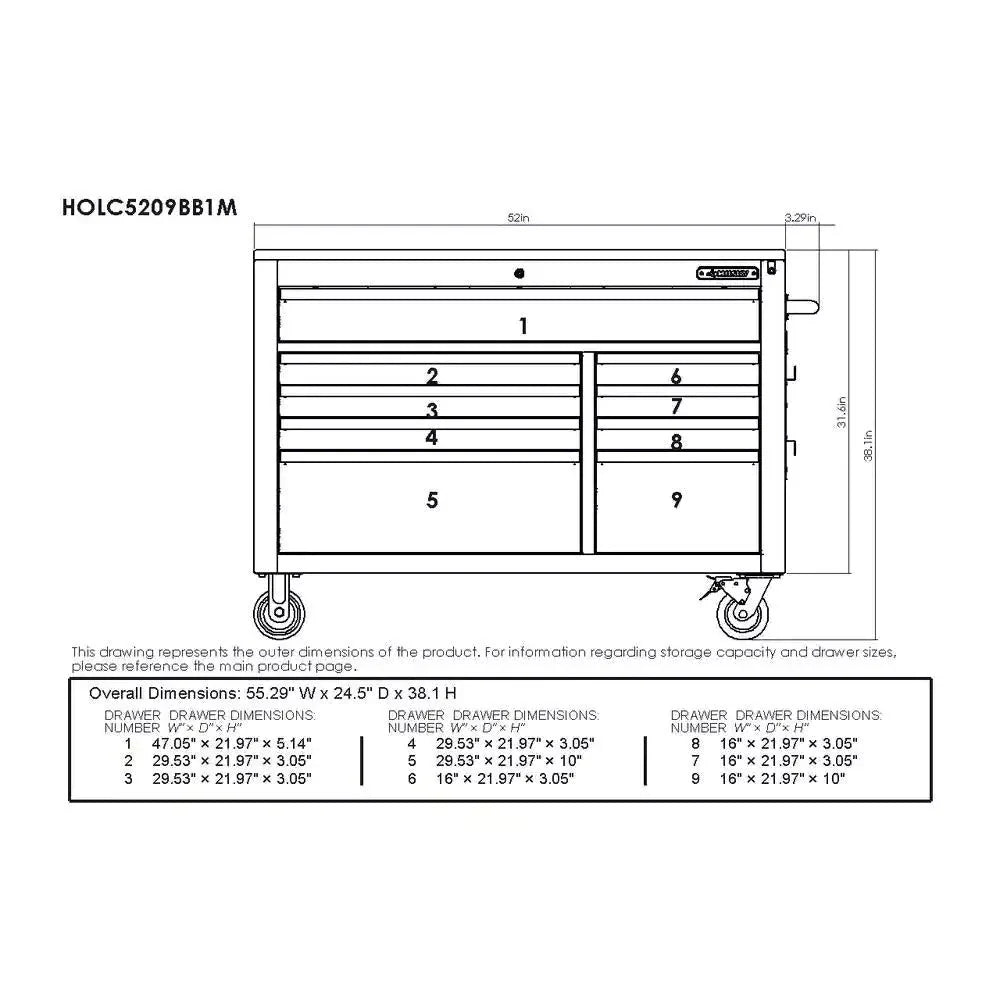 Heavy-Duty 52 in. 9-Drawer Mobile Workbench with Adjustable-Height Solid Wood Top in Matte Blue