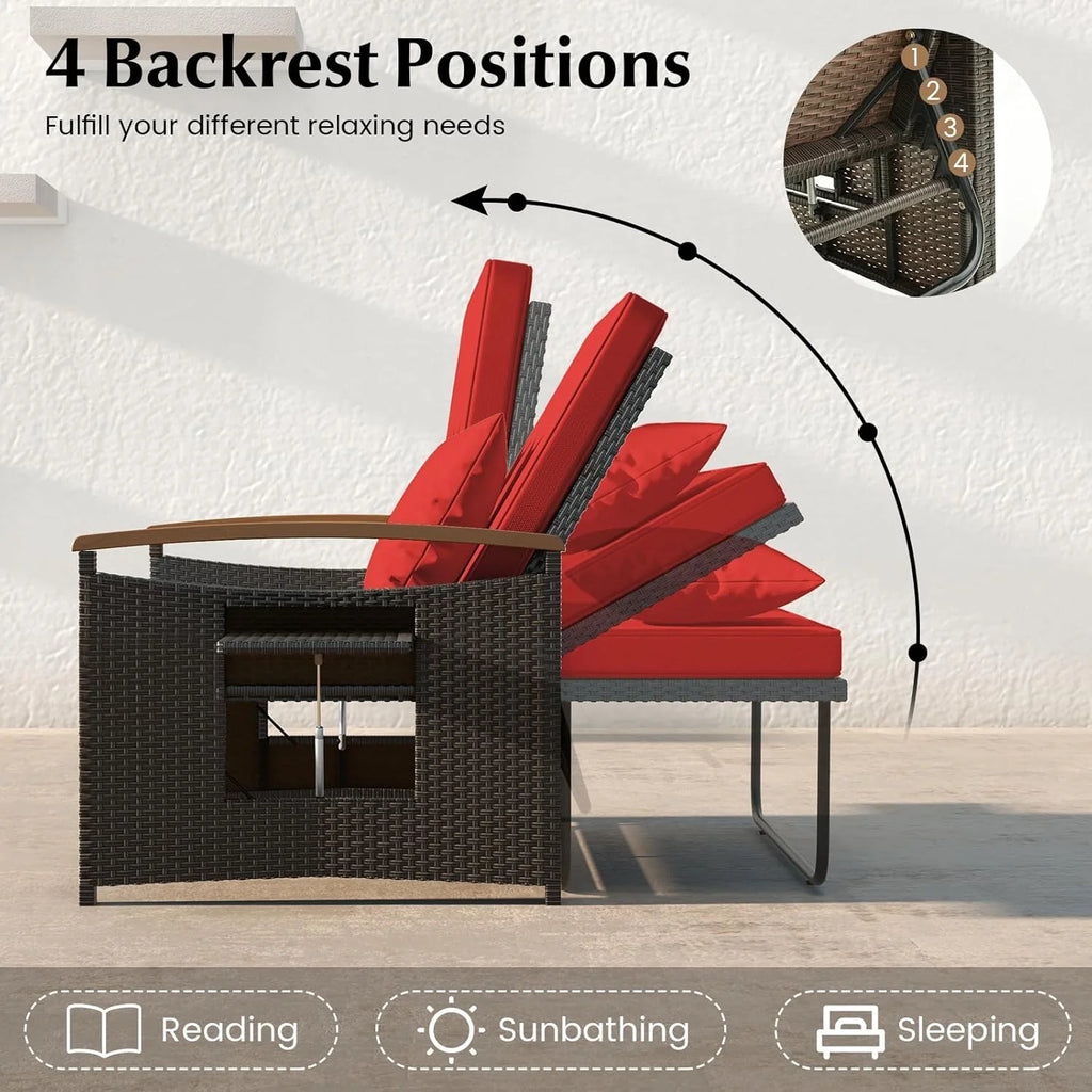 Outdoor Wicker Sofa Daybed, Rattan Loveseat with Folding Panels & Storage Ottoman, 4-Level Adjustable Backrest, Cozy Cushions Included, Sun Lounger Daybed for Backyard Porch,1 pcs