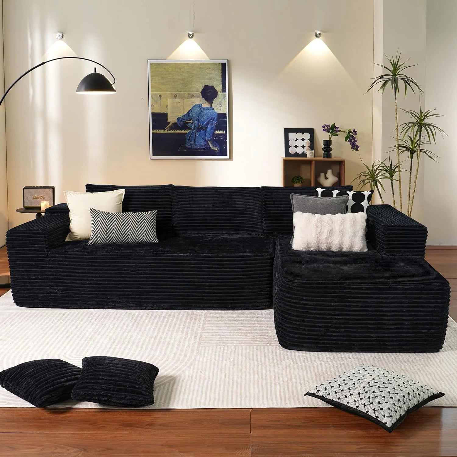 ovios 104" Cloud Sectional Couch with L-Shape Chaise,Modern Modular Sofa with Deep Seat, Upholstered Couches for Living Room Bedroom,No Assembly Required, Black (Corduroy Fabric)