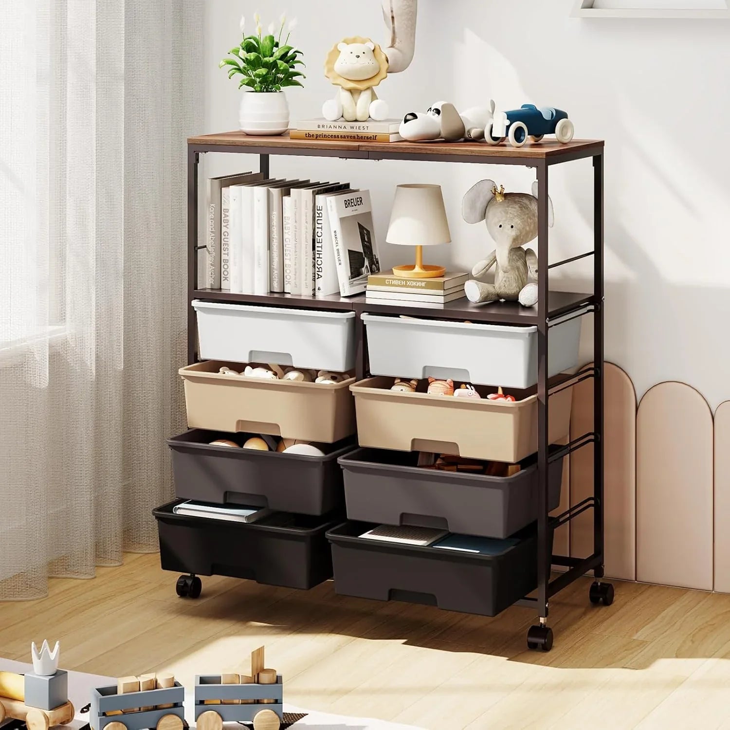 8-position drawer roller storage cart, equipped with a wooden top, a multi-functional practical storage cart with open shelves and lockable wheels, suitable for organizing storage drawers in home offices, craft rooms, and classrooms, in pink color.
