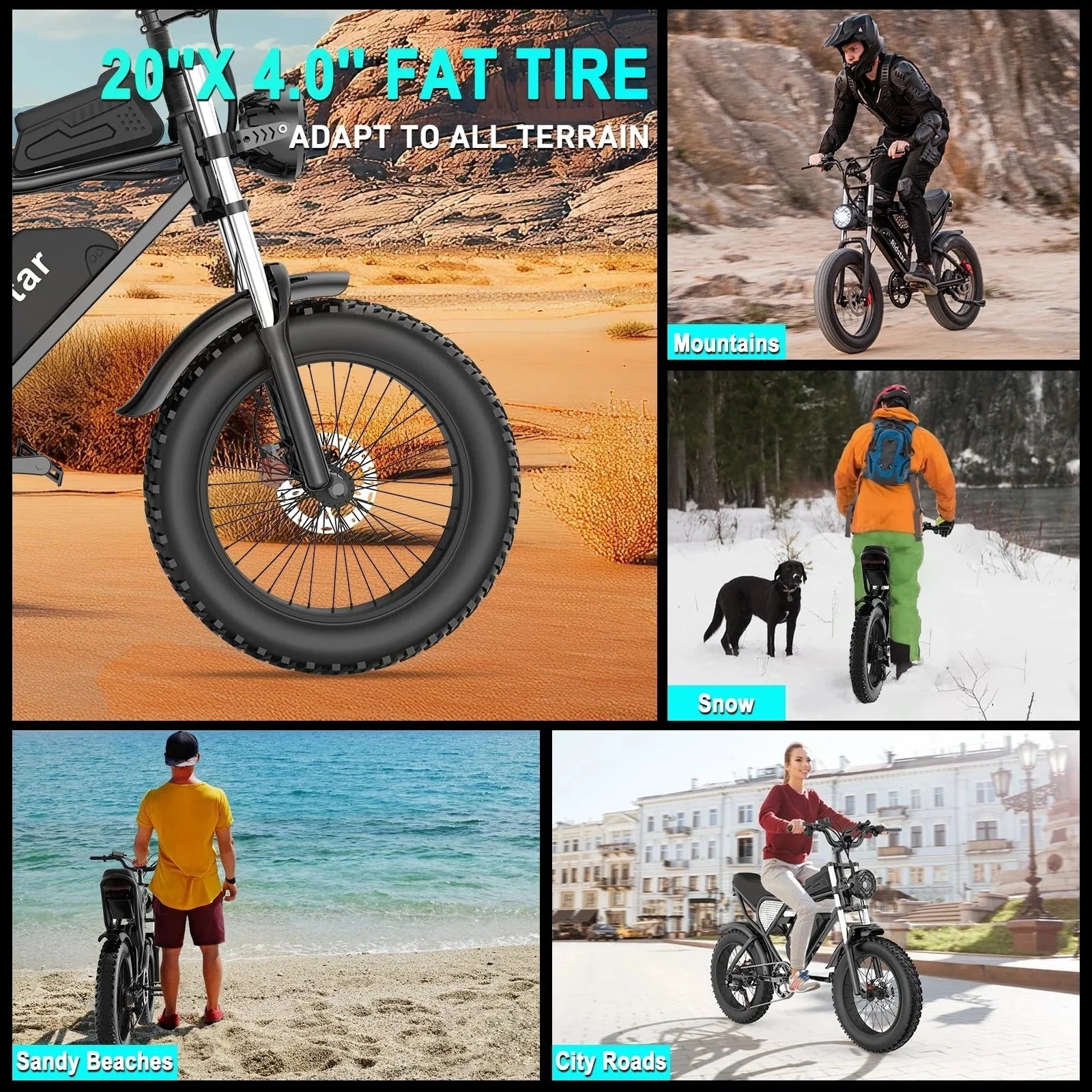 Ridstar electric bicycle for adults, 1200 W, 48 km/h mountain bike, 48 V 15.6 Ah battery, 20" fat bike tires, 7-speed full suspension