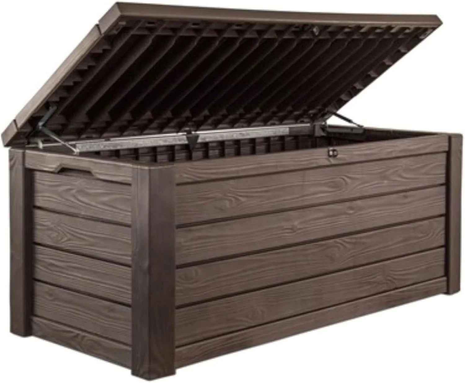 570-liter storage box, all-weather resin boat-shaped storage box, and stylish outdoor bench with piston-assisted lockable lid and side handles, dark coffee color version1 pcs