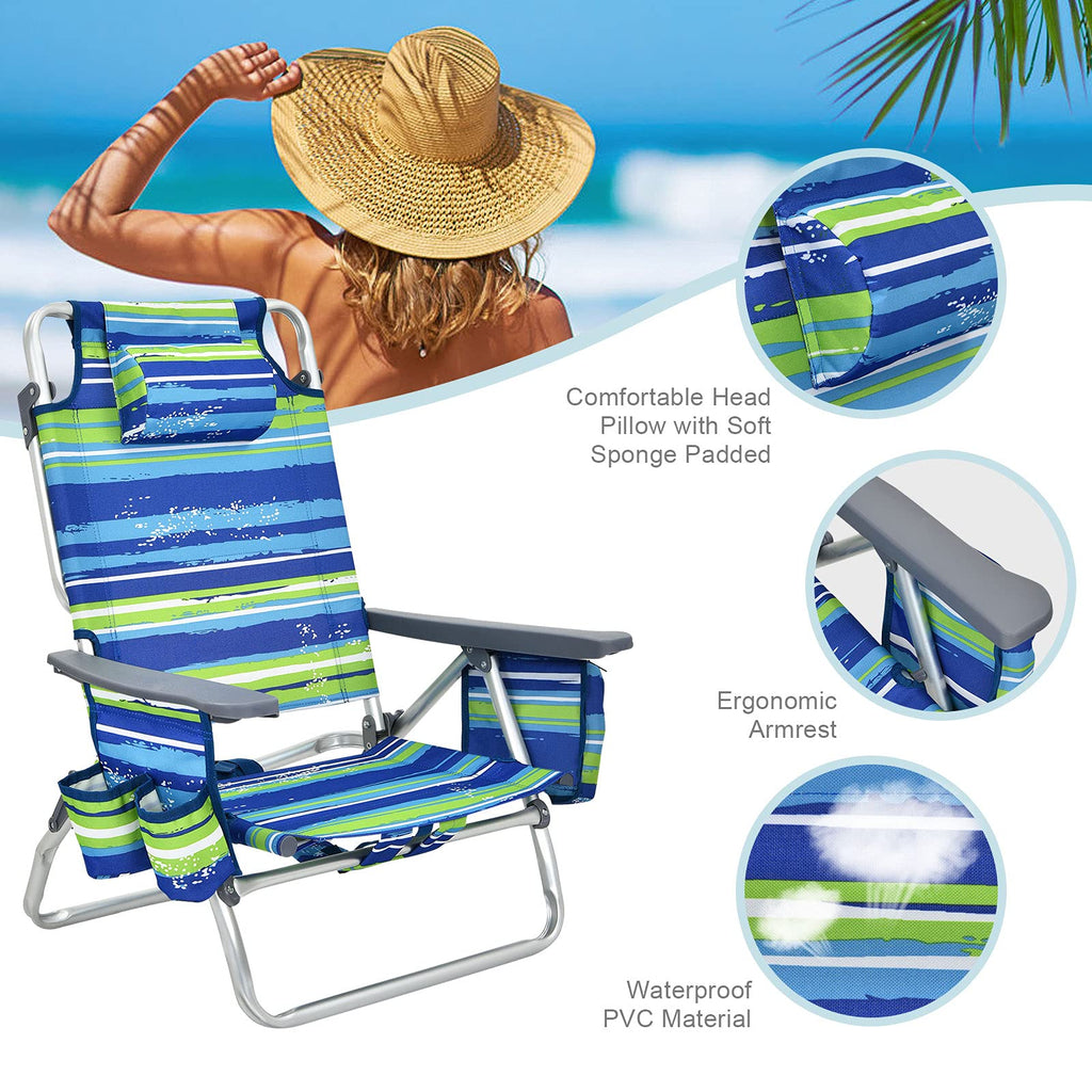 2-Pack Folding Backpack Beach Chair 5-Position Outdoor Reclining Chairs with Pillow